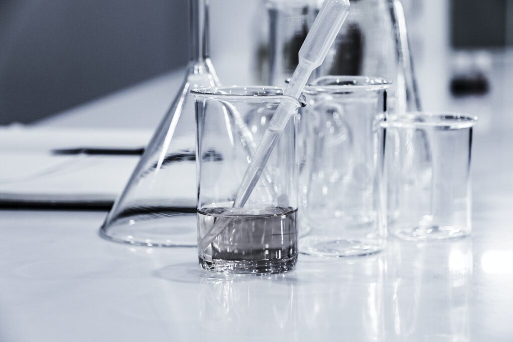 Beakers on a lab counter