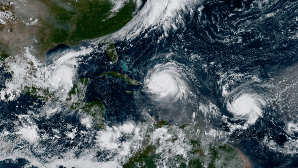 Satellite image of hurricanes in Atlantic Ocean